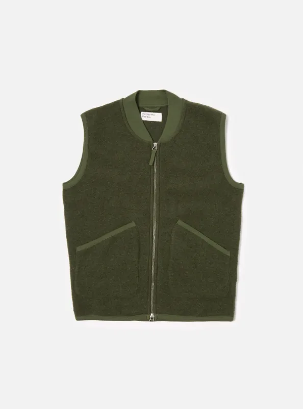 Universal Works Zip Waistcoat in Olive Wool Fleece sold by Universal Works
