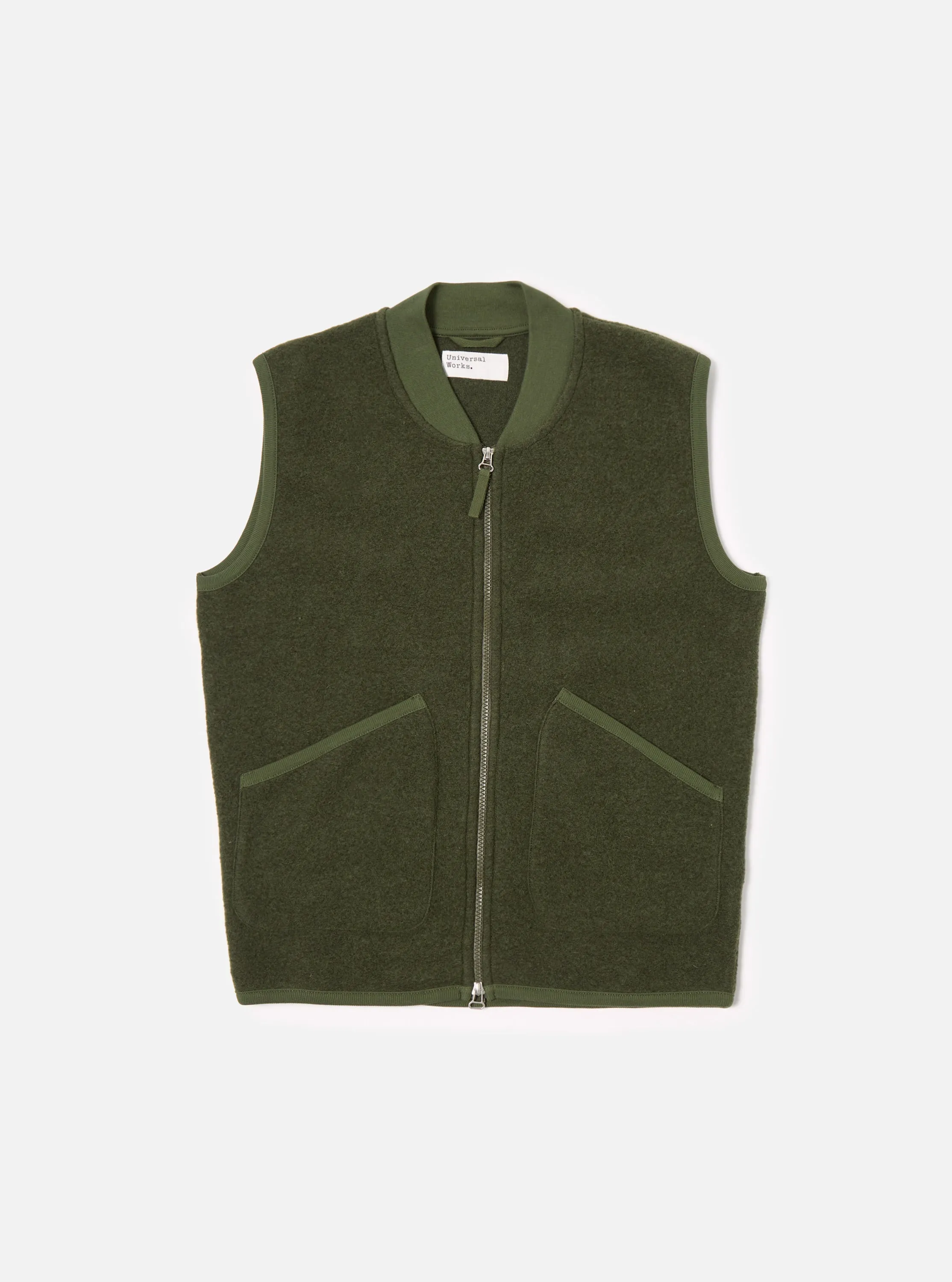 Universal Works Zip Waistcoat in Olive Wool Fleece sold by Universal Works
