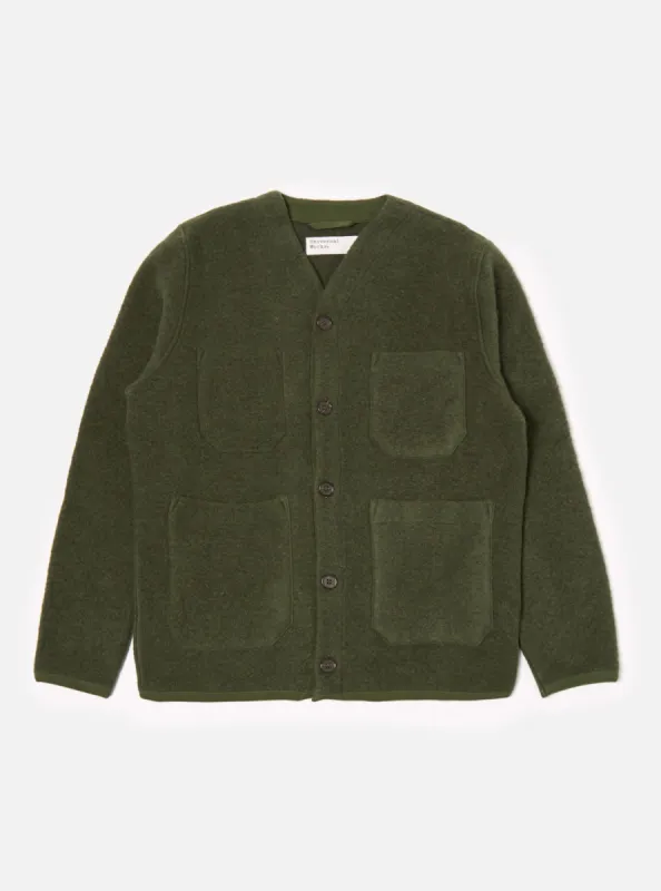 Universal Works Cardigan in Olive Wool Fleece sold by Universal Works