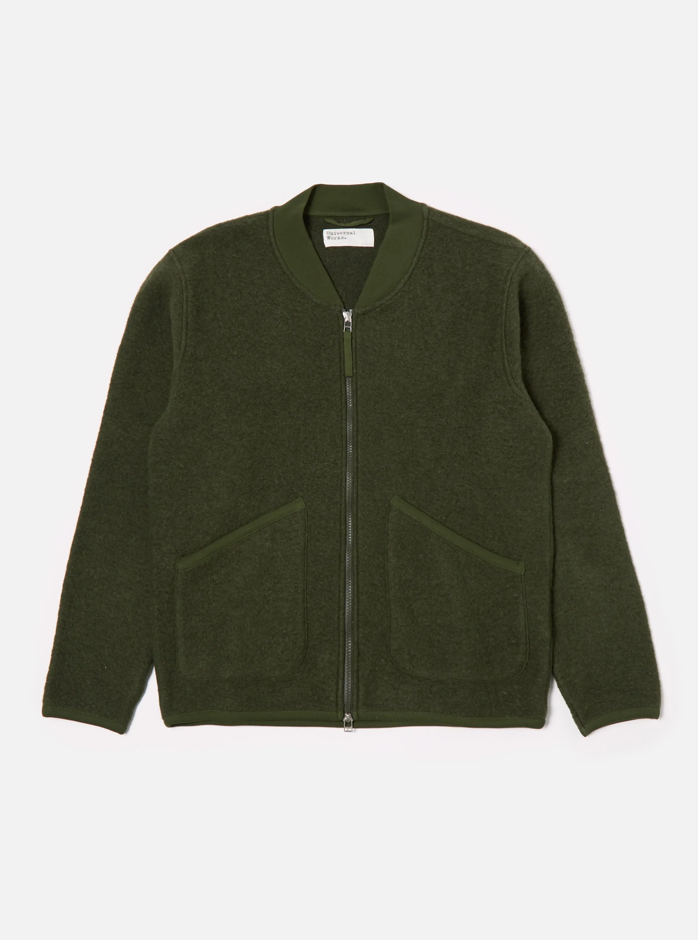 Universal Works Zip Bomber in Olive Wool Fleece sold by Universal Works