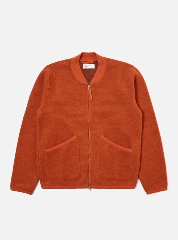 Universal Works Zip Bomber in Orange Wool Fleece sold by Universal Works