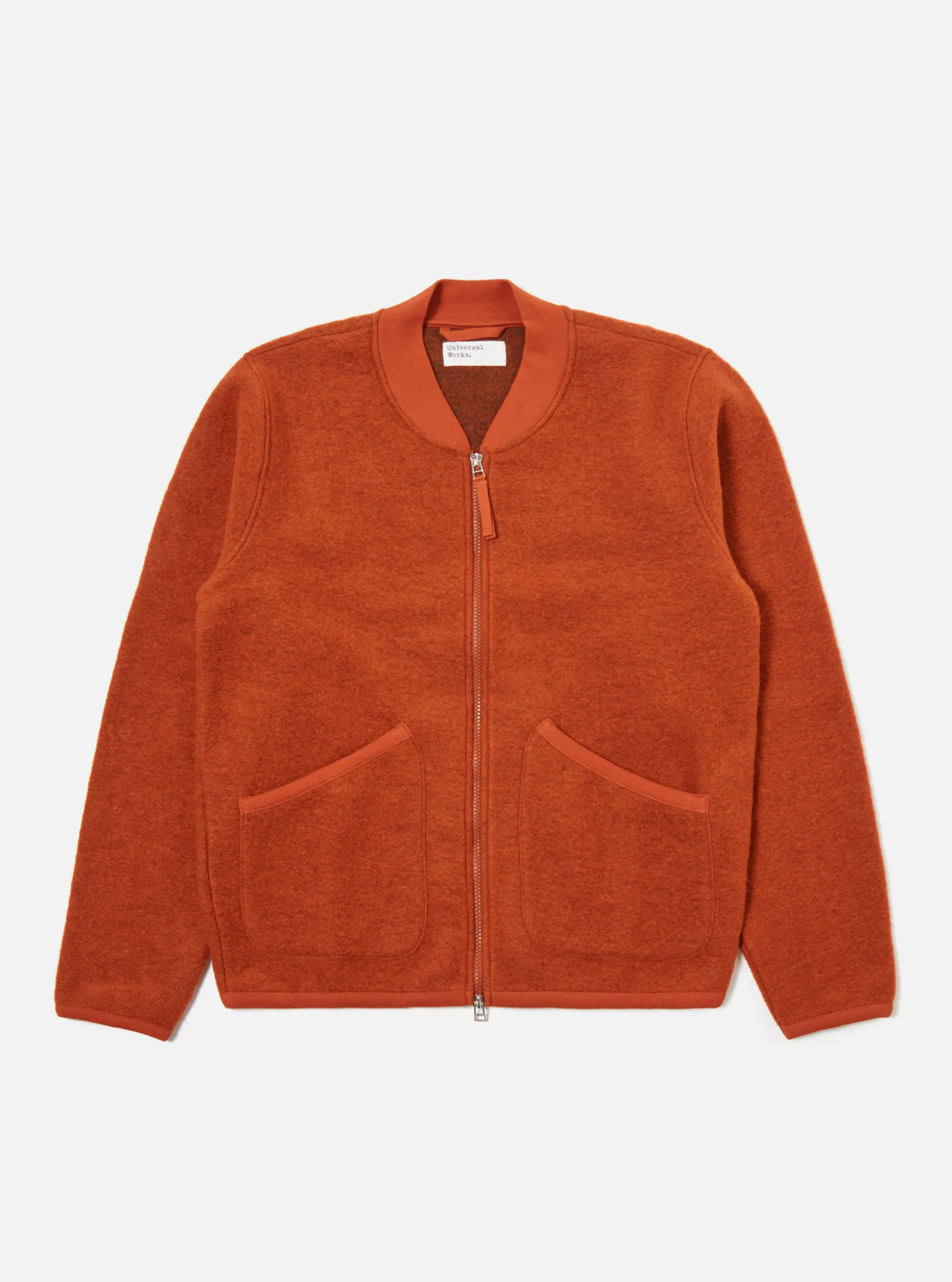 Universal Works Zip Bomber in Orange Wool Fleece sold by Universal Works