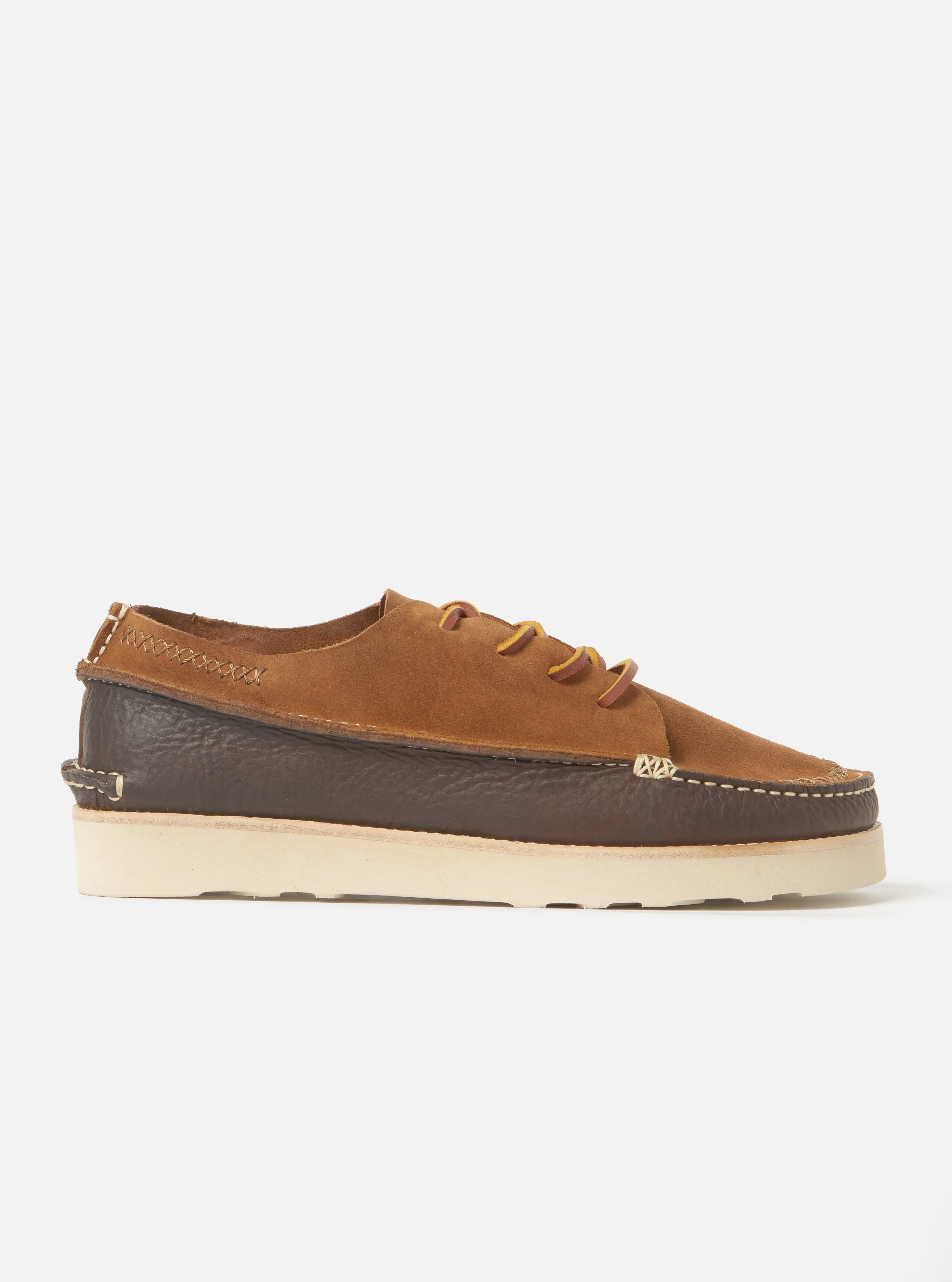Yogi x Universal Works Finn in Cola/Dark Brown Suede/Tumbled Leather sold by Universal Works