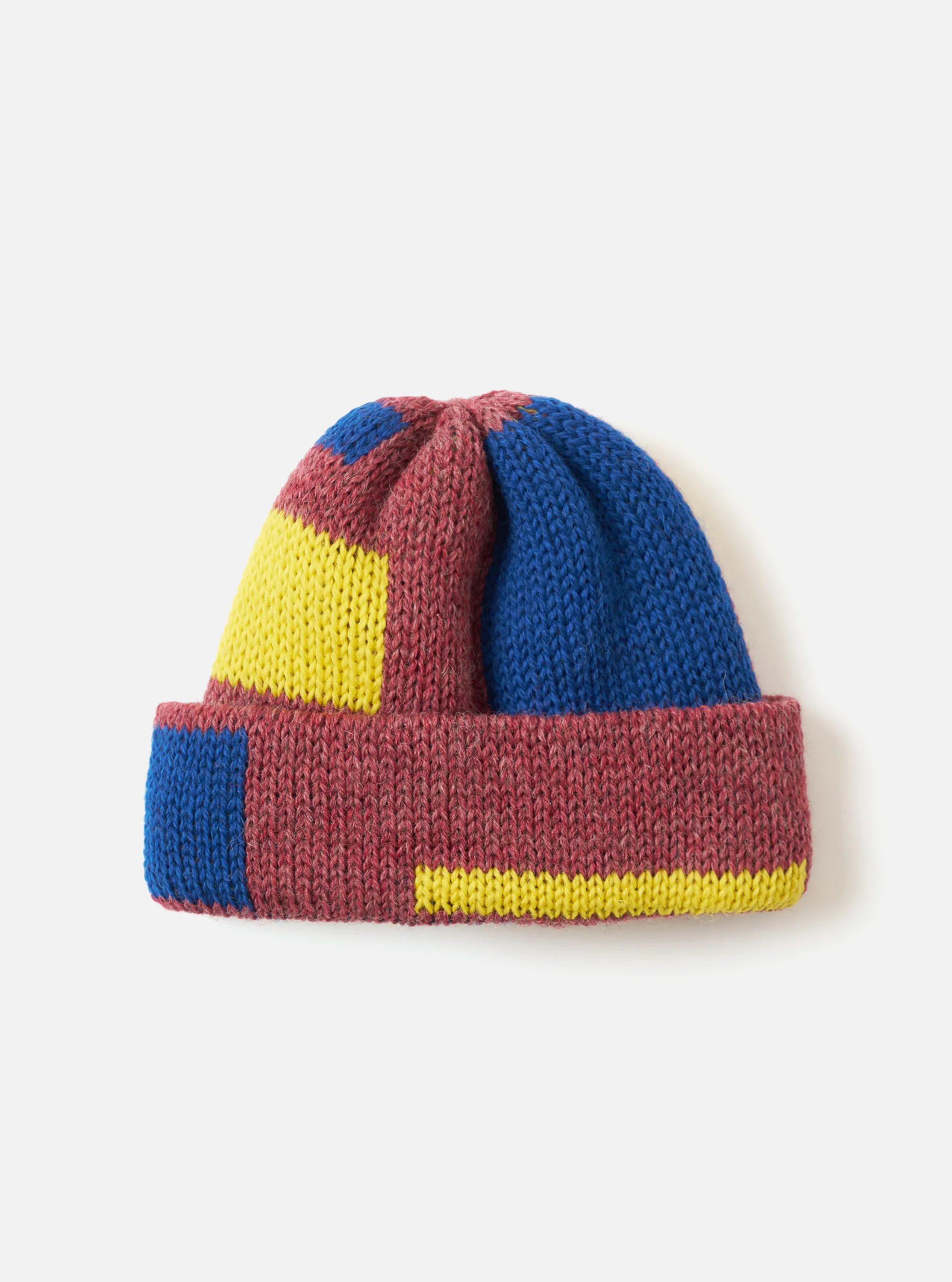 Burgundy/Blue/Lemon British Wool Short Watch Cap sold by Universal Works
