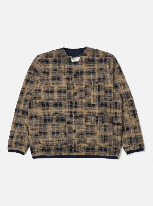Navy Patch Check Fleece Cardigan sold by Universal Works