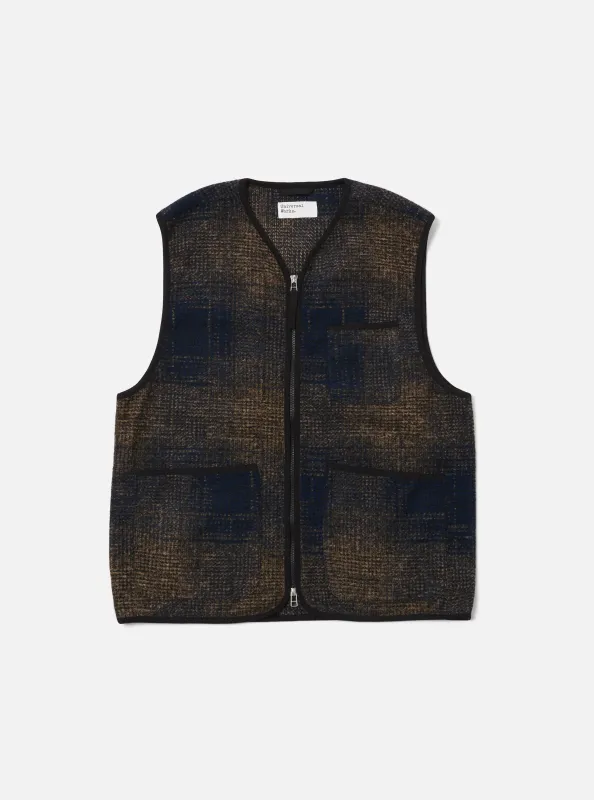 Navy Deca Check Zip Gilet sold by Universal Works