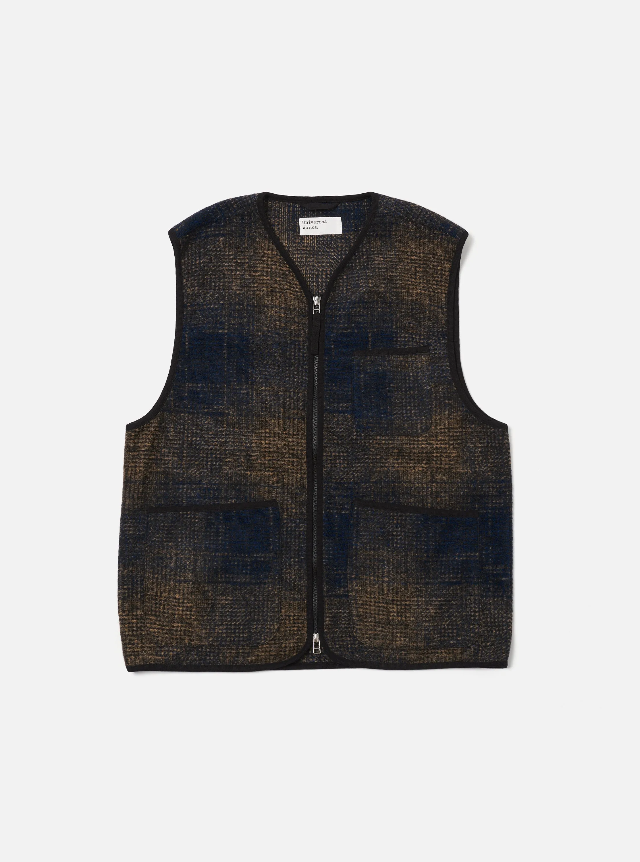 Navy Deca Check Zip Gilet sold by Universal Works