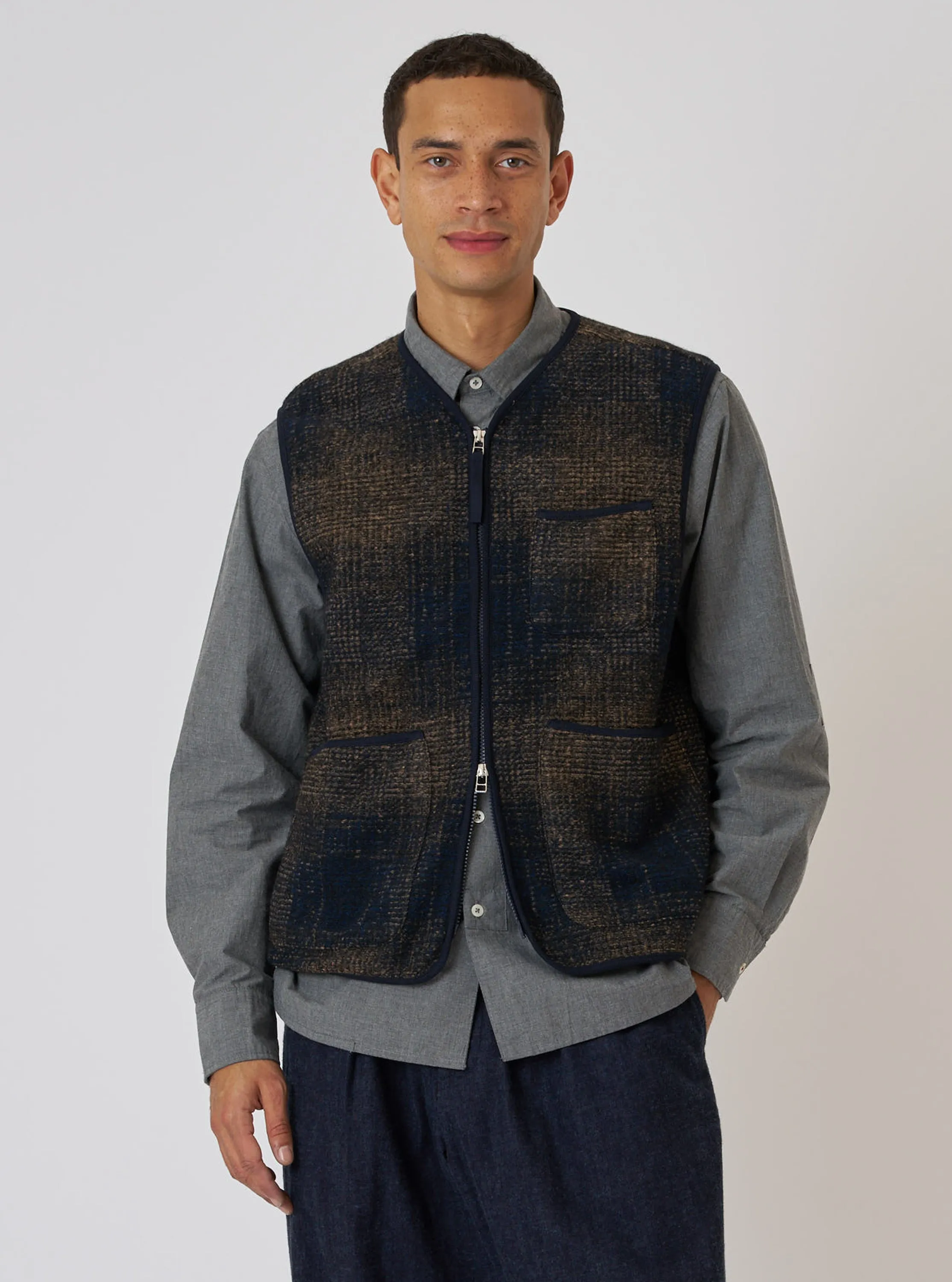 Navy Deca Check Zip Gilet sold by Universal Works product image thumbnail 2