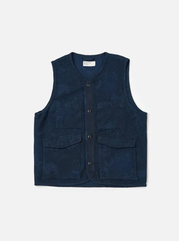 Black/Indigo Denim Camo 4 Pocket Gilet sold by Universal Works