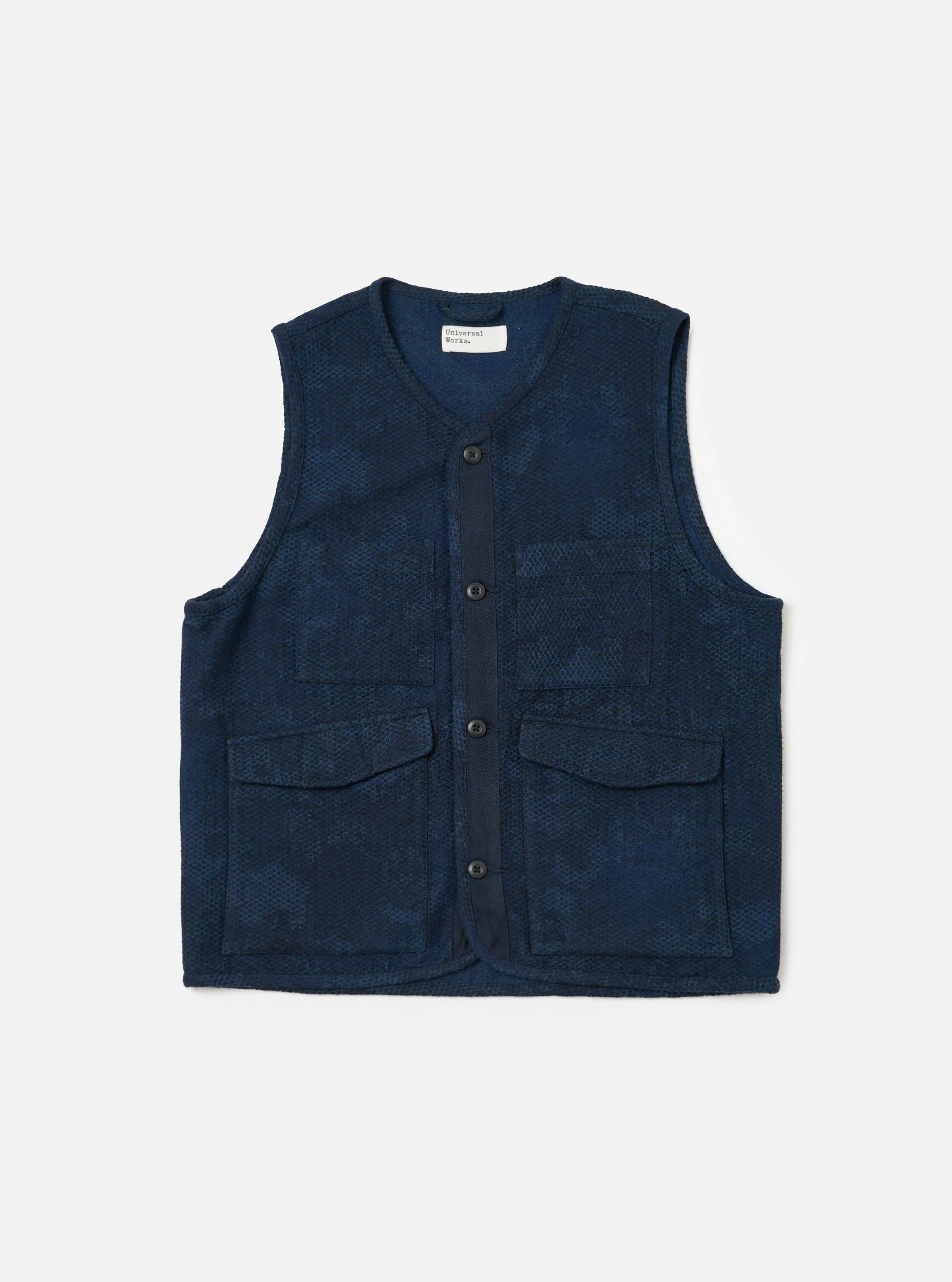 Black/Indigo Denim Camo 4 Pocket Gilet sold by Universal Works