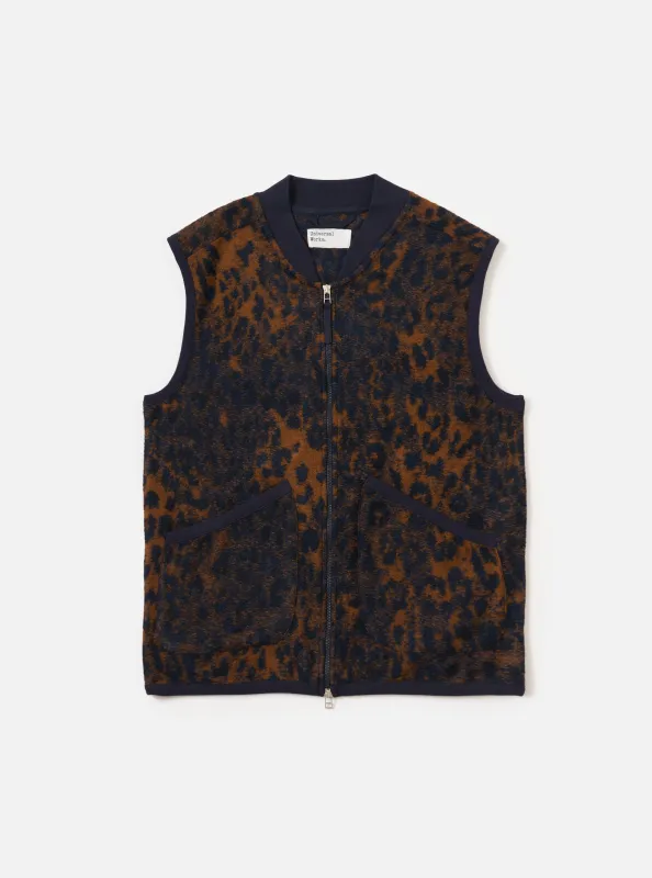 Dark Navy/Brown Night Leopard Zip Waistcoat sold by Universal Works
