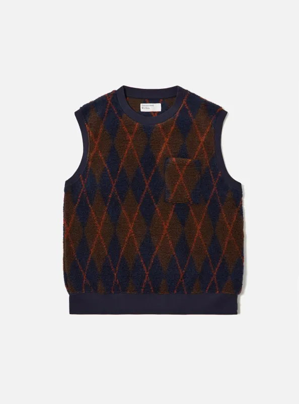 Brown/Navy Argyll Fleece Sleeveless Crew made by Universal Works
