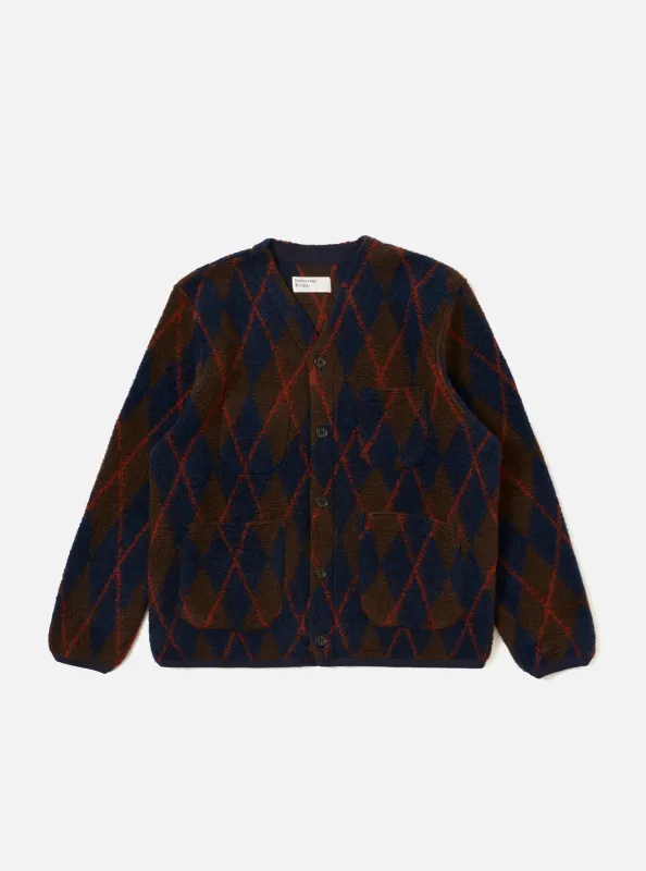 Brown/Navy Argyll Fleece Cardigan sold by Universal Works