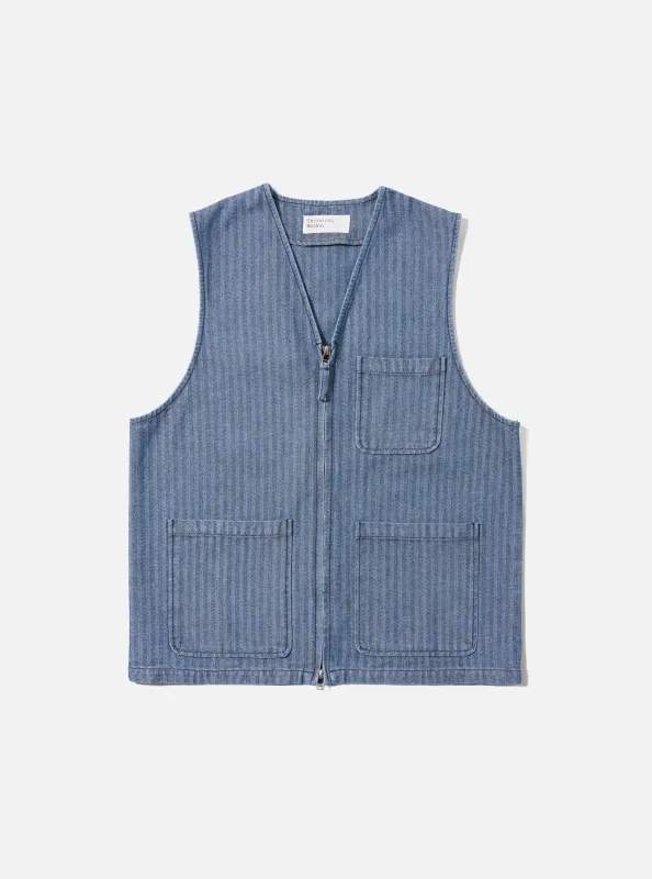 Indigo Denim Herringbone Operators Gilet sold by Universal Works