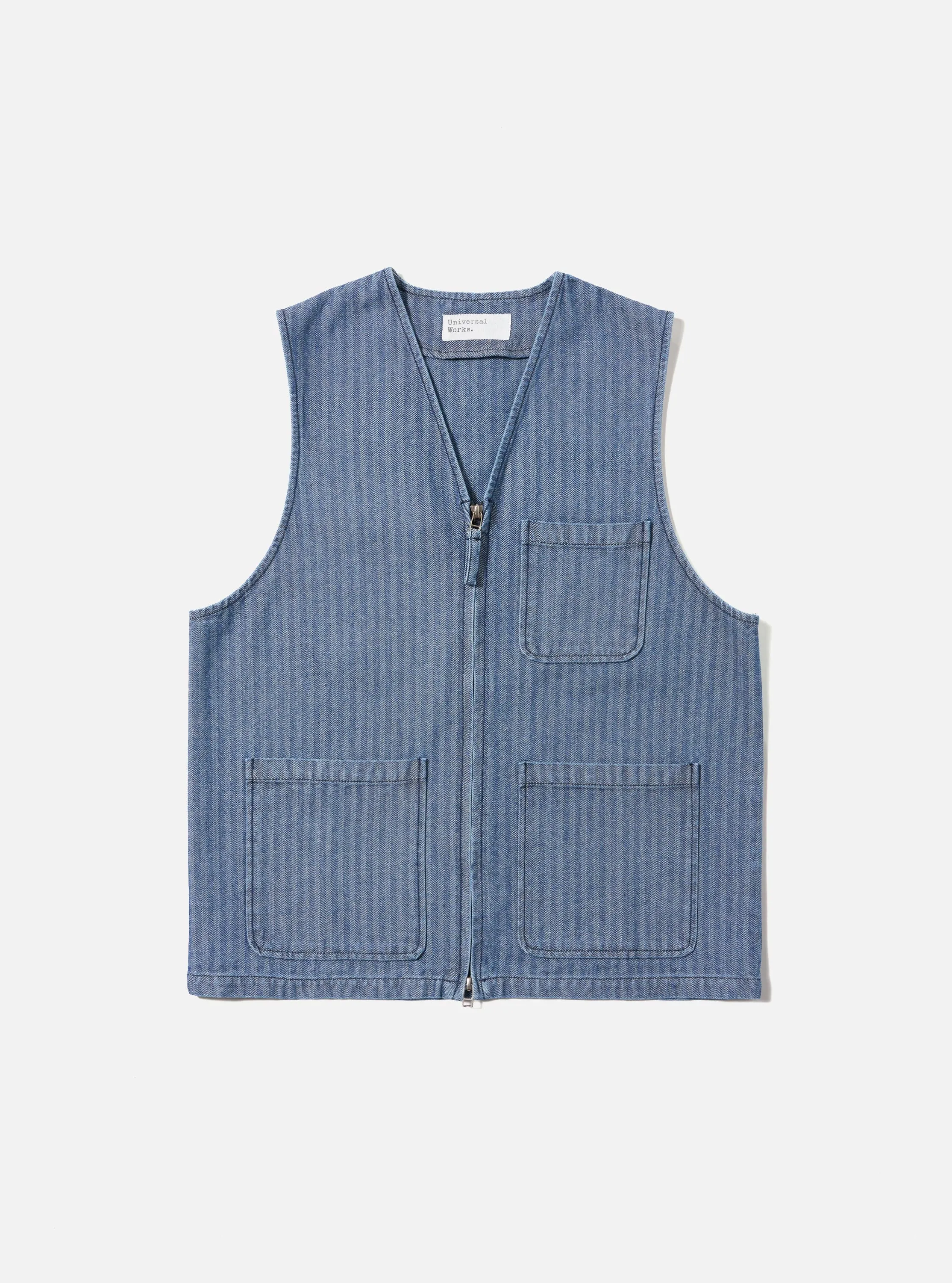 Indigo Denim Herringbone Operators Gilet sold by Universal Works