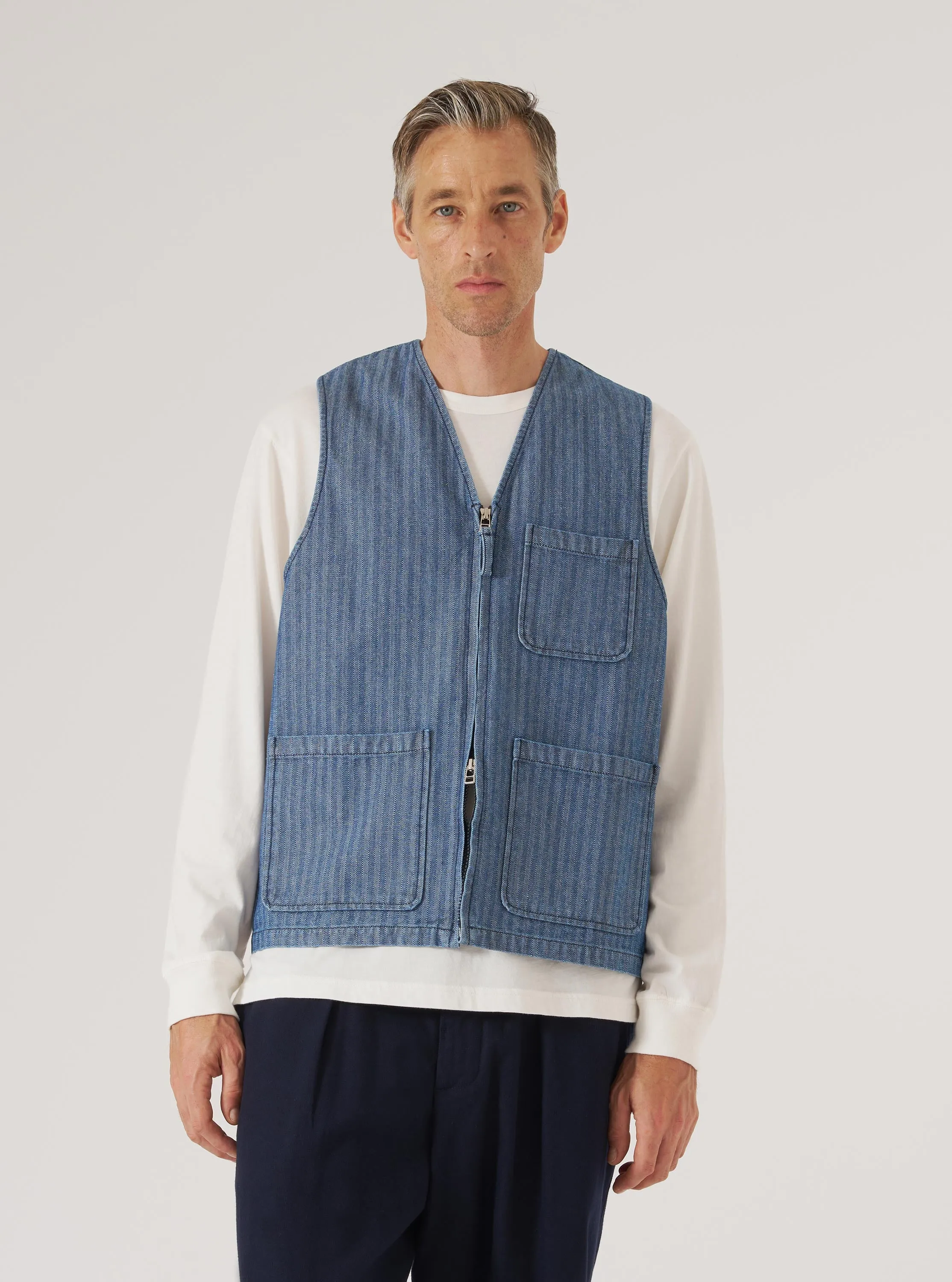 Indigo Denim Herringbone Operators Gilet sold by Universal Works product image thumbnail 2