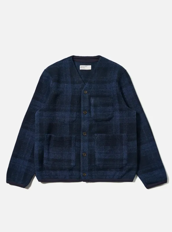 Navy Moh Check Fleece Cardigan sold by Universal Works