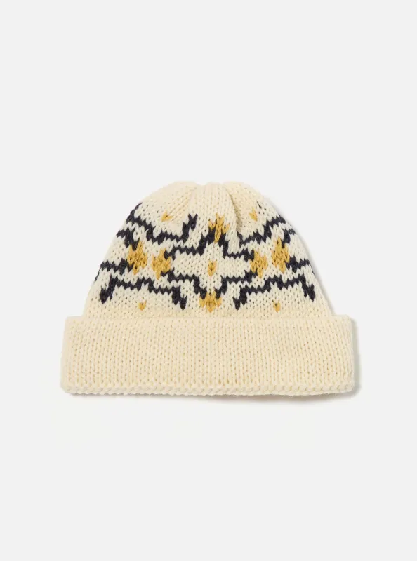 Ecru/Navy British Wool Short Watch Cap made by Universal Works