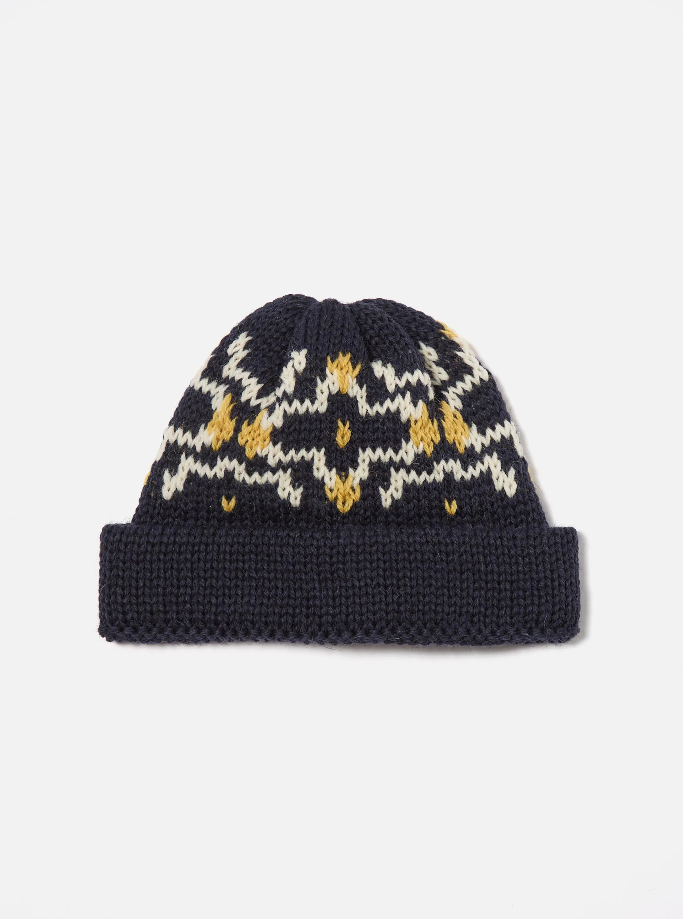 Navy/Ecru British Wool Short Watch Cap sold by Universal Works