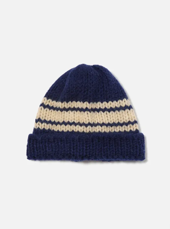 Navy Chunky Knit Stripe Lenny Hat sold by Universal Works
