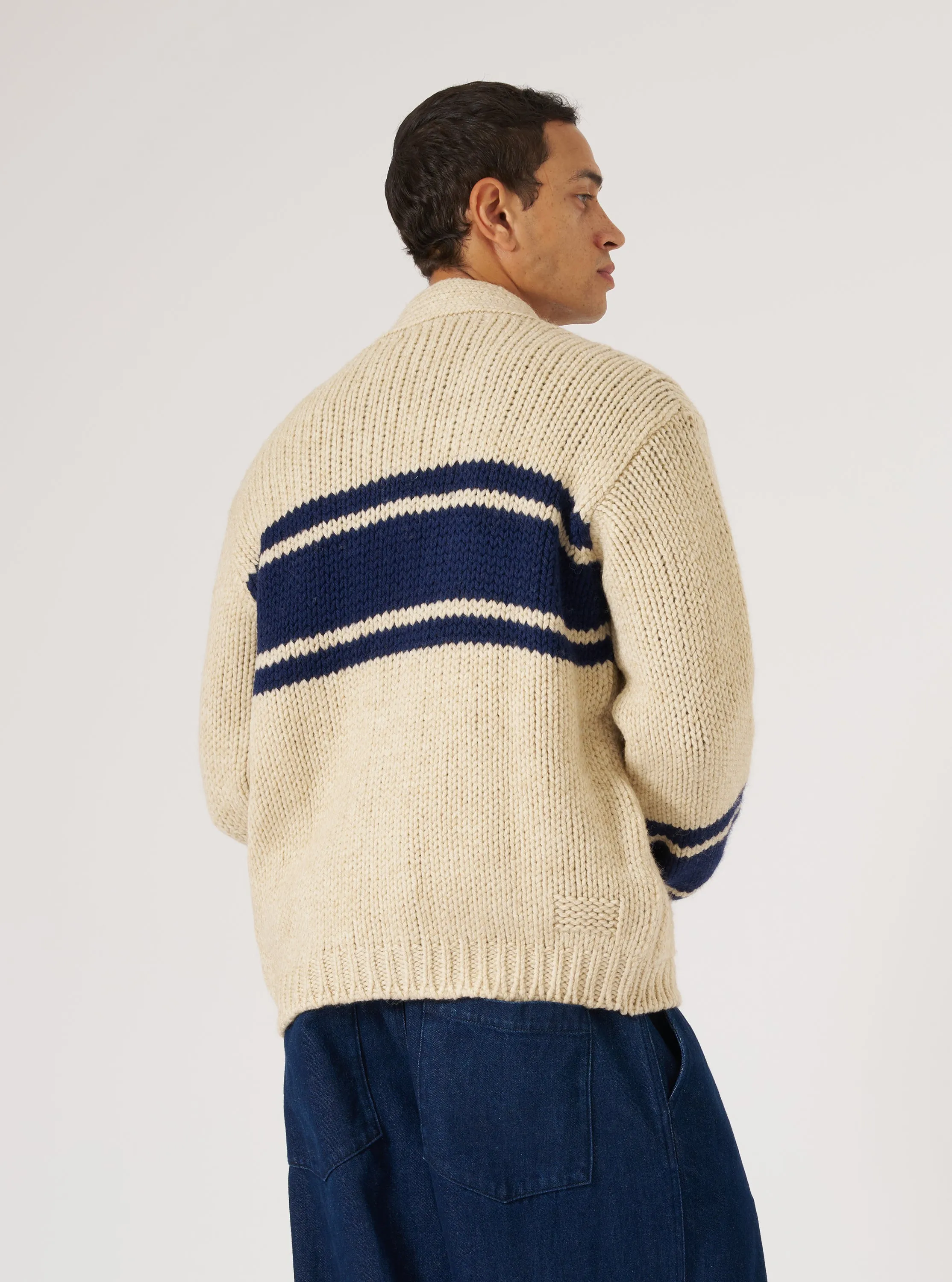 Sand Chunky Knit Stripe Langdale Cardigan sold by Universal Works product image thumbnail 3
