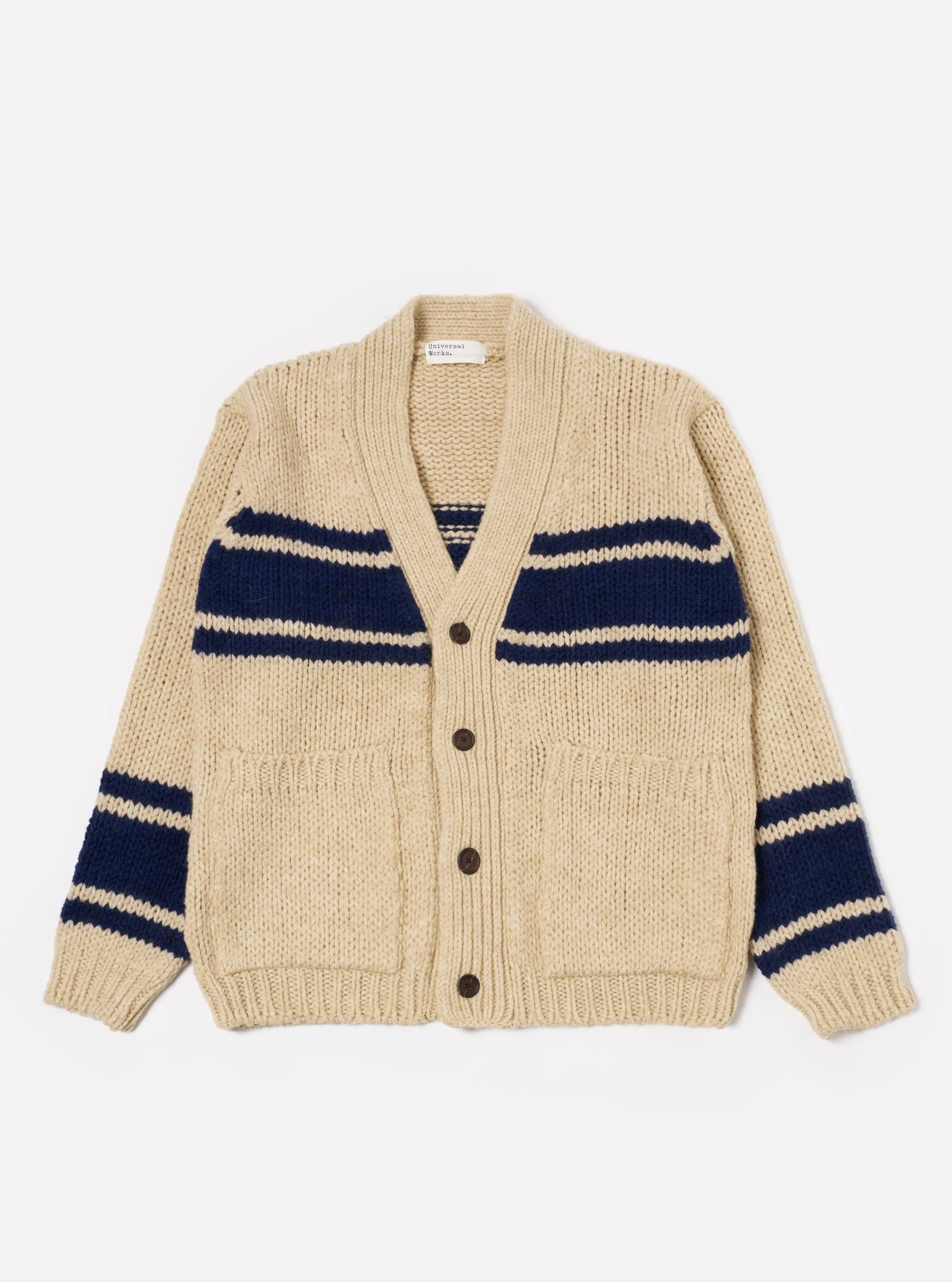 Sand Chunky Knit Stripe Langdale Cardigan sold by Universal Works