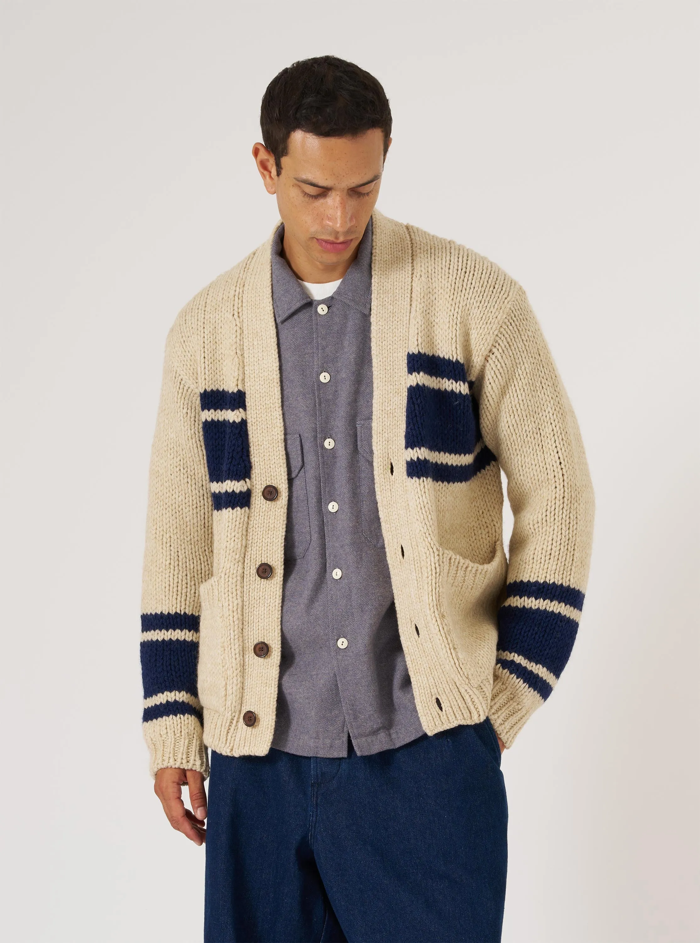 Sand Chunky Knit Stripe Langdale Cardigan sold by Universal Works product image thumbnail 2
