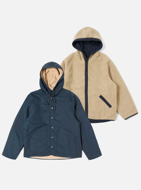 Navy/Sand Recycled Polytech/Sherpa Reversible Simple Hooded Jacket sold by Universal Works