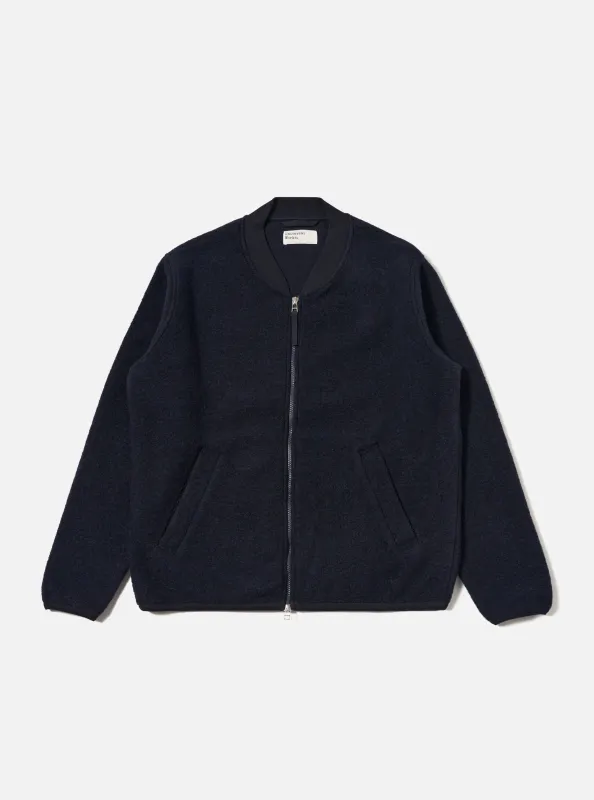 Navy Wool Fleece Zip Bomber sold by Universal Works