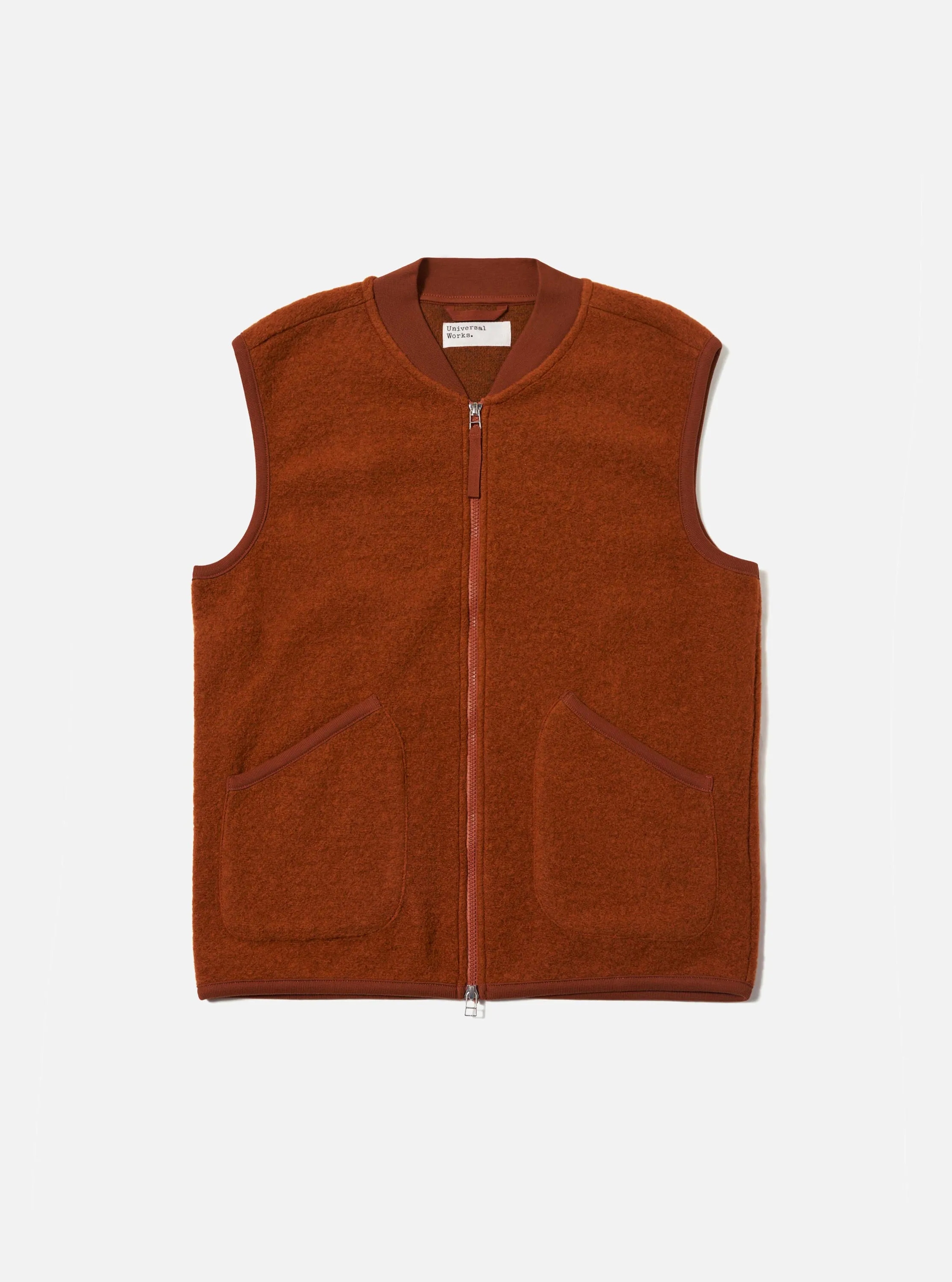 Rust Wool Fleece Zip Waistcoat sold by Universal Works