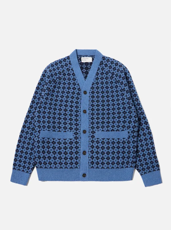 Pale Blue/Navy Plain Knit Argyll Allan Cardigan sold by Universal Works