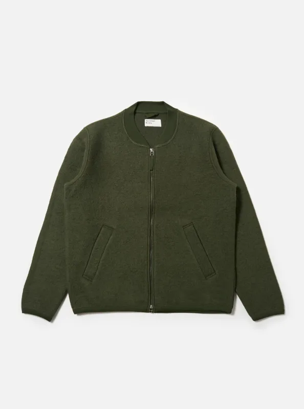Olive Wool Fleece Zip Bomber sold by Universal Works