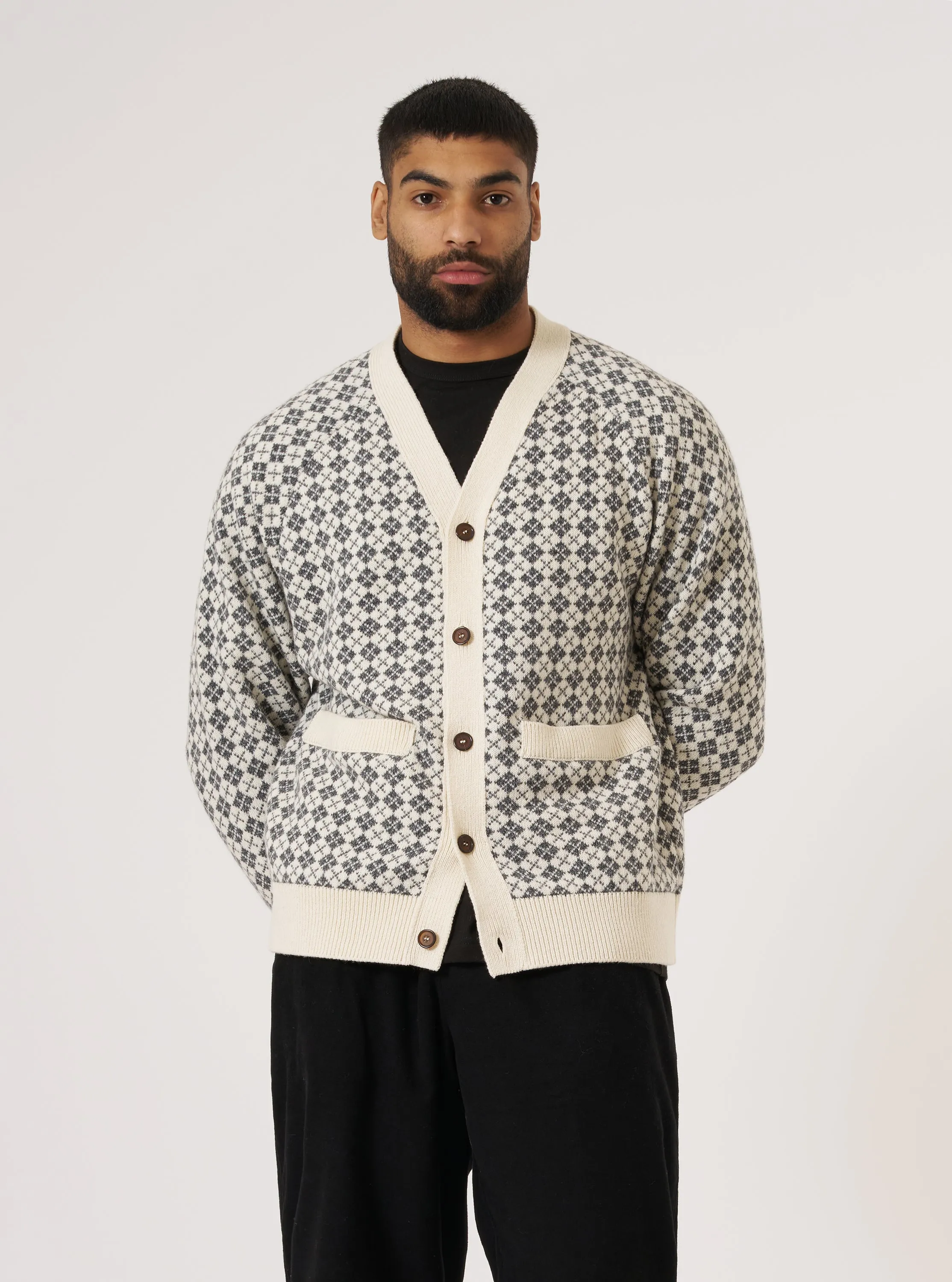 Ecru/Grey Plain Knit Argyll Allan Cardigan sold by Universal Works product image thumbnail 2