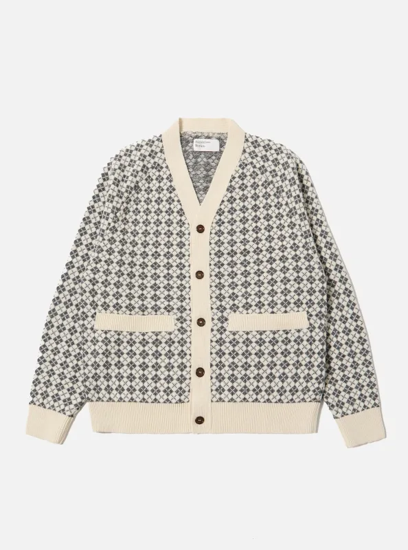 Ecru/Grey Plain Knit Argyll Allan Cardigan sold by Universal Works