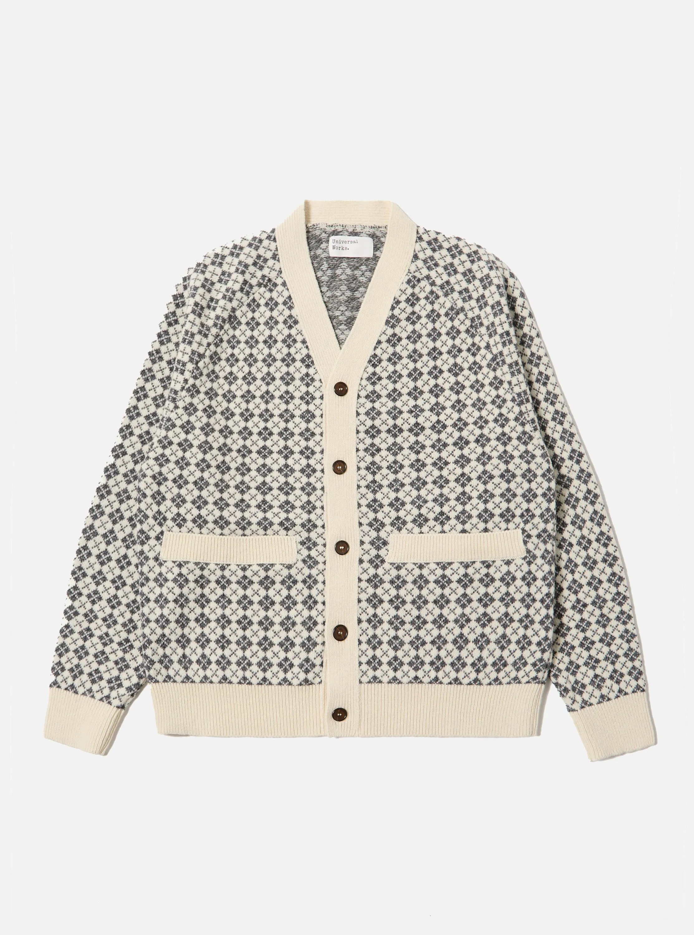 Ecru/Grey Plain Knit Argyll Allan Cardigan sold by Universal Works