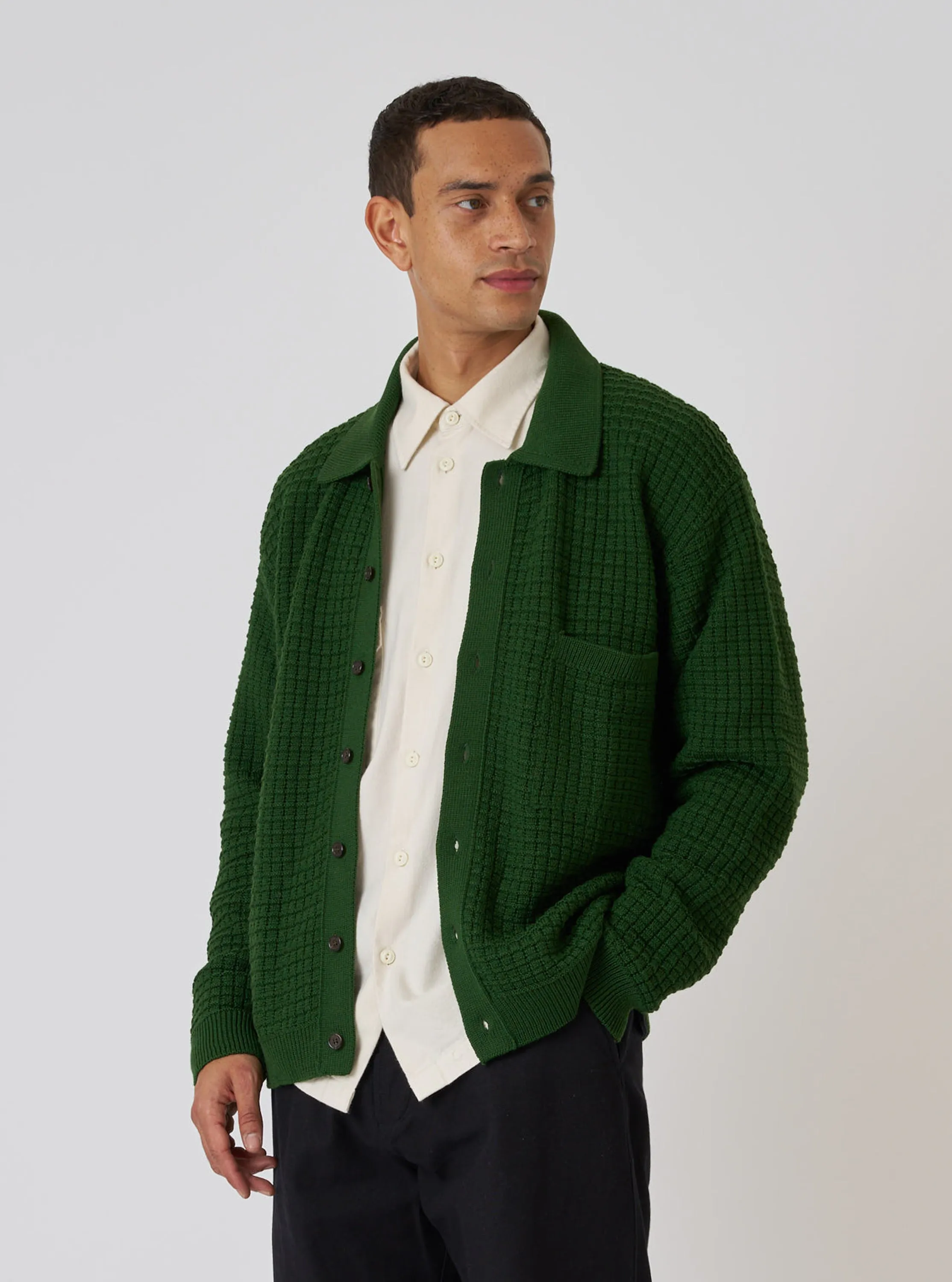 Green Textured Merino Knit Charlie Cardigan sold by Universal Works product image thumbnail 2