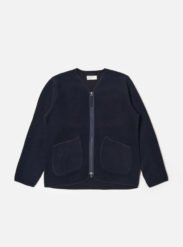 Navy Wool Fleece Zip Liner Jacket made by Universal Works