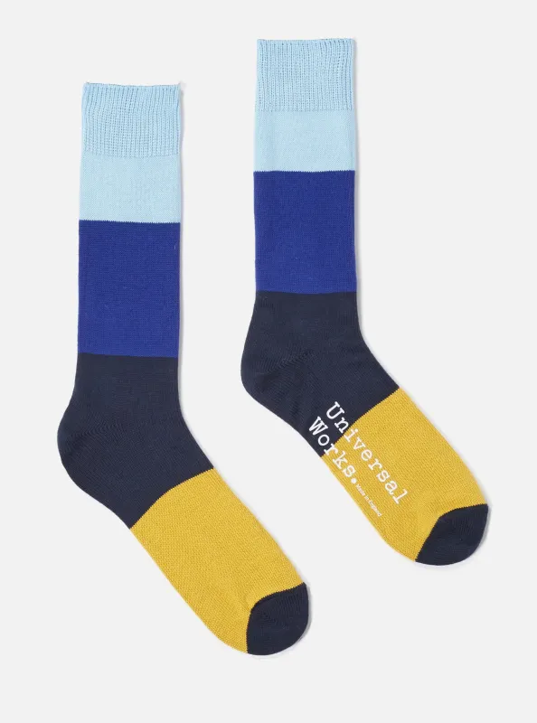 Sky/Indigo Cotton Bold Stripe Sock made by Universal Works