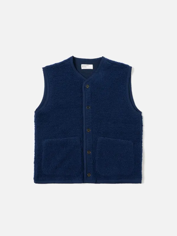 Navy Alvar Fleece Lancaster Gilet sold by Universal Works