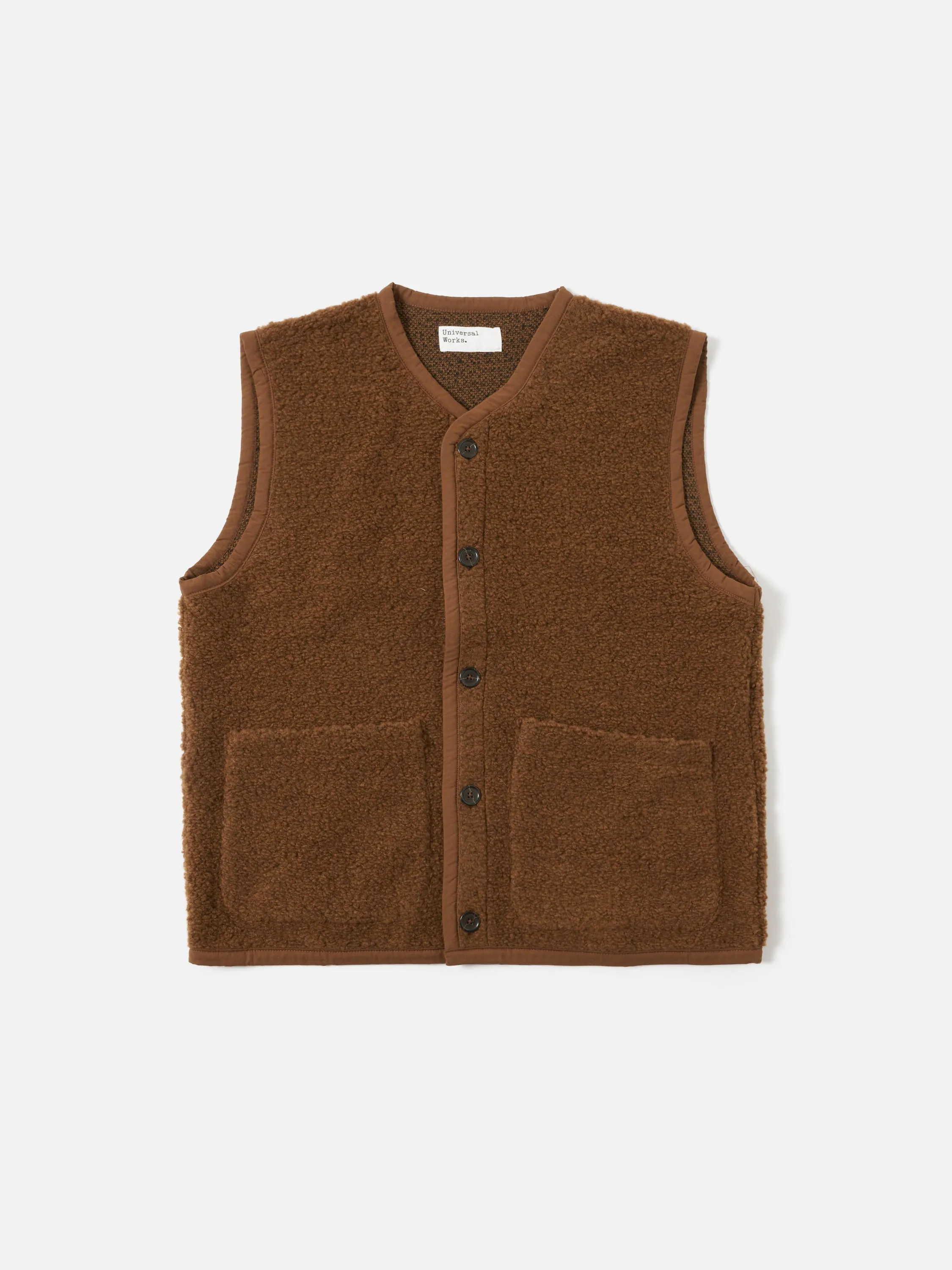 Brown Alvar Fleece Lancaster Gilet sold by Universal Works