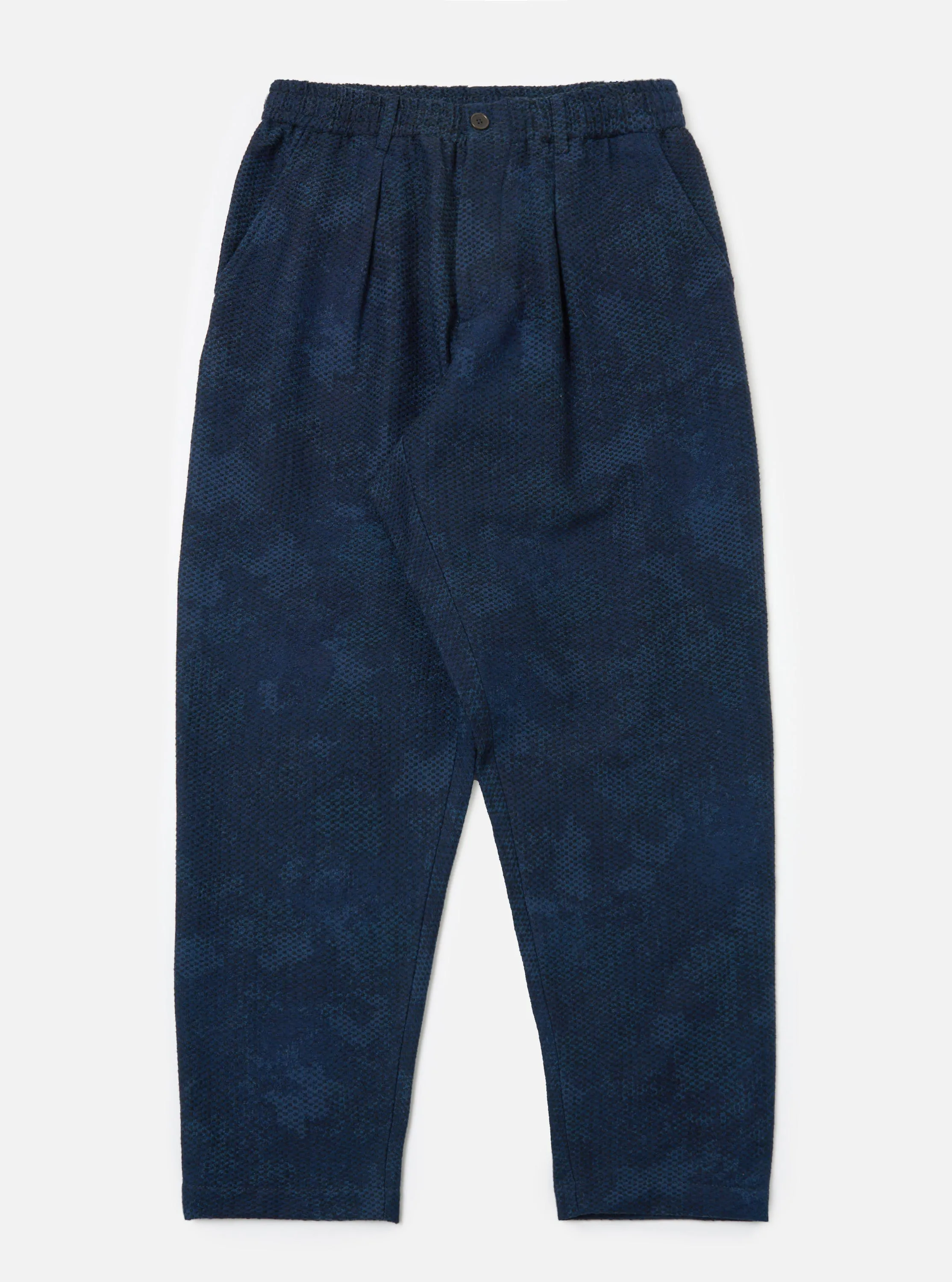 Black/Indigo Denim Camo Pleated Track Pant sold by Universal Works