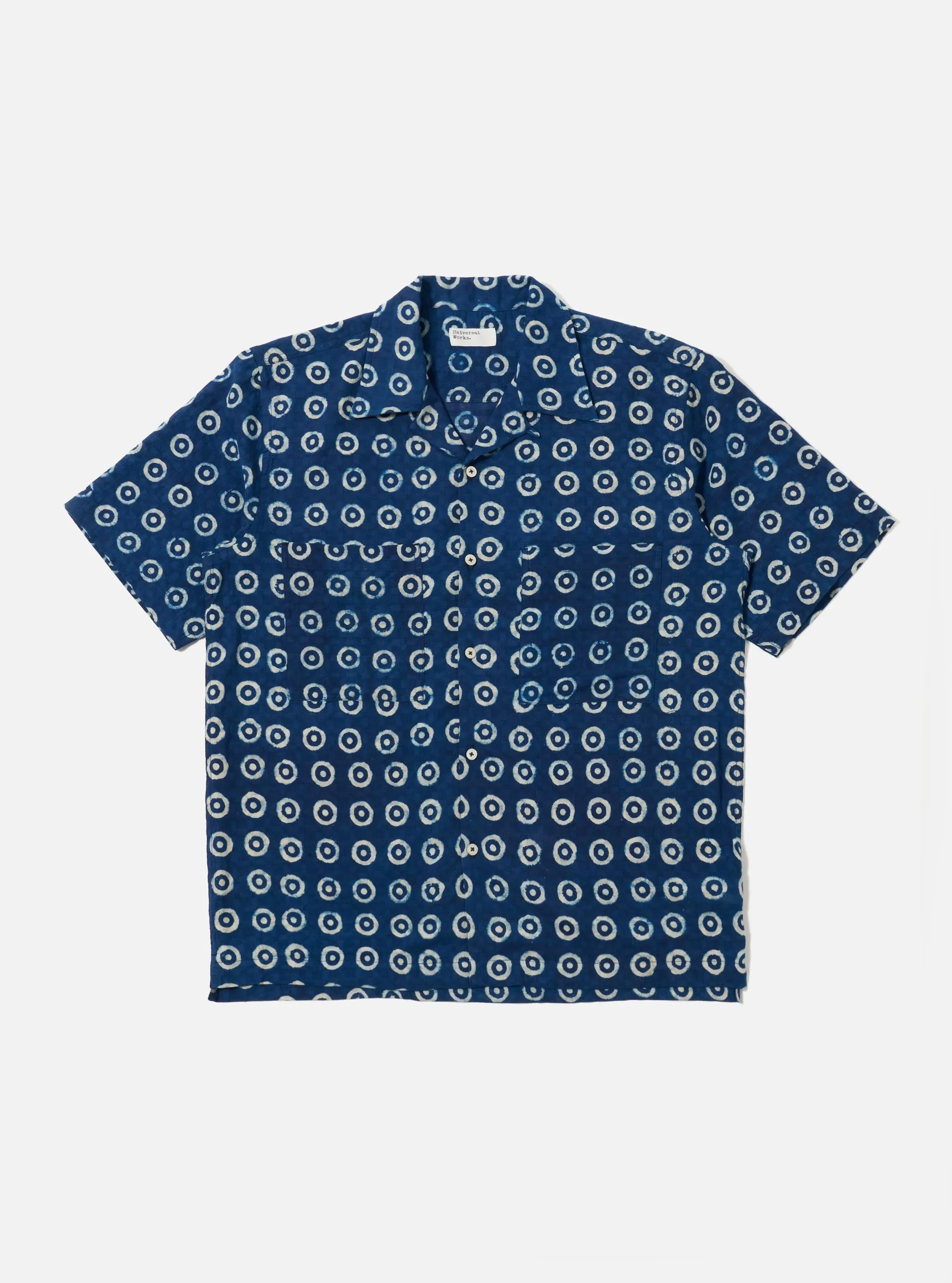 Indigo Block Print Circles Camper Shirt sold by Universal Works