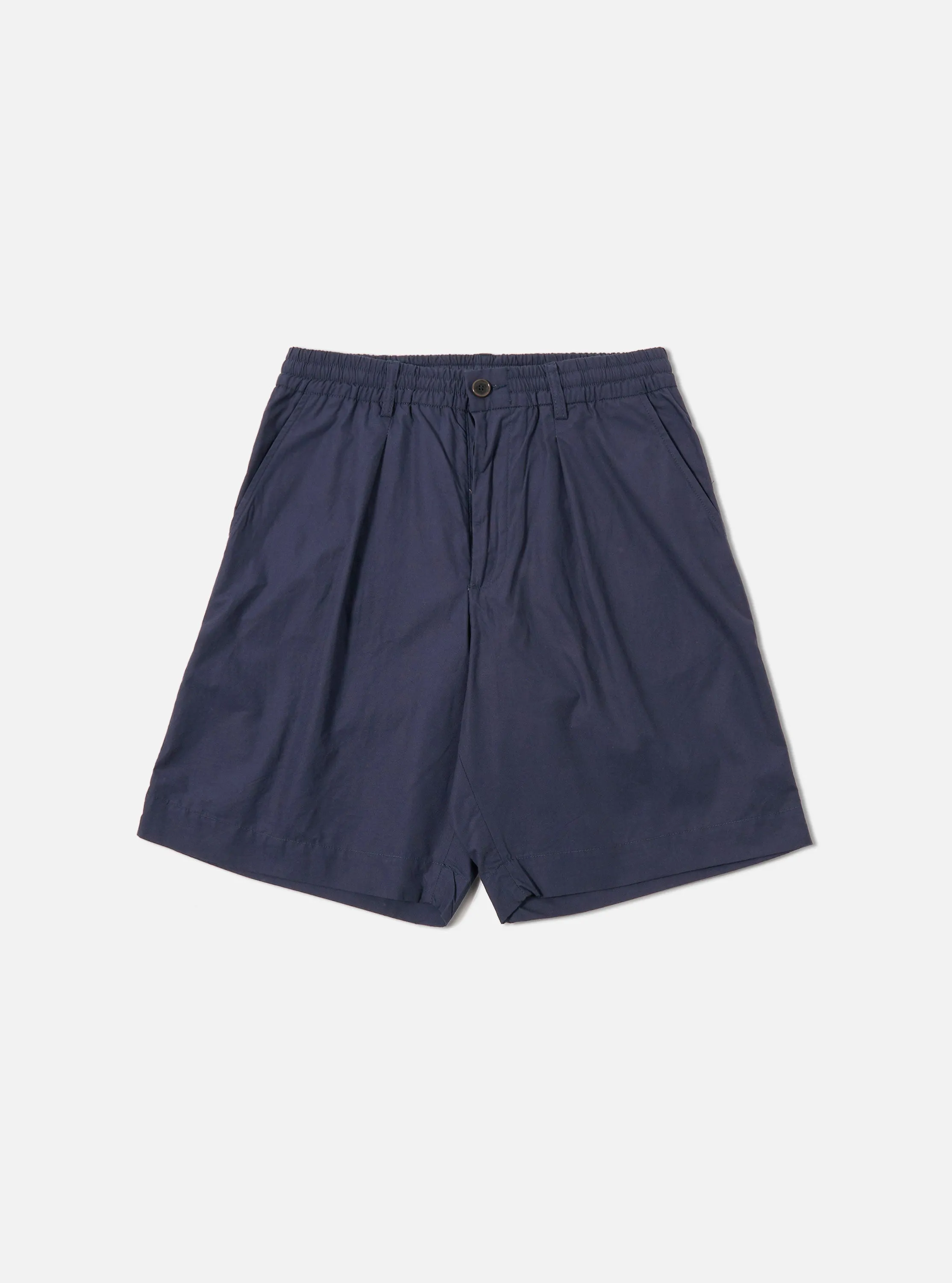 Navy Peached Poplin Pleated Track Short sold by Universal Works