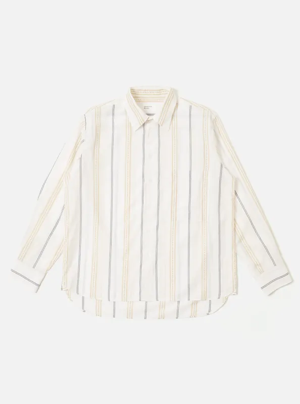 Ecru/Navy/Sand Hendrix Stripe Square Pocket Shirt made by Universal Works