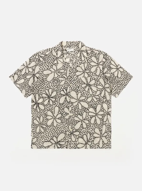 Ecru/Black Kantha Flower Road Shirt sold by Universal Works
