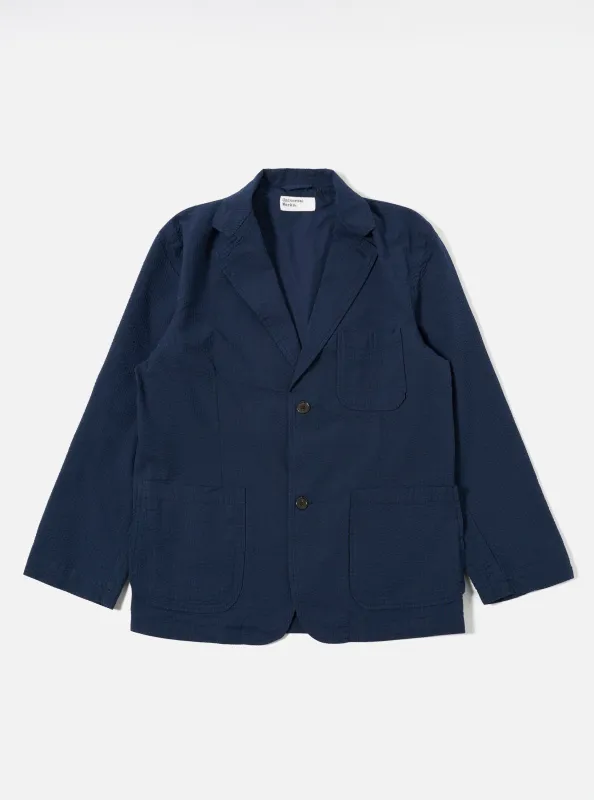 Navy Derby Stripe Two Button Jacket made by Universal Works