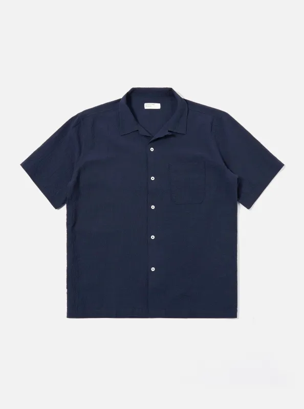 Navy Seersucker Shirting Road Shirt sold by Universal Works