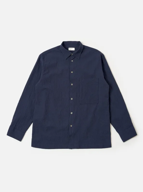 Navy Seersucker Shirting Lucky Shirt made by Universal Works