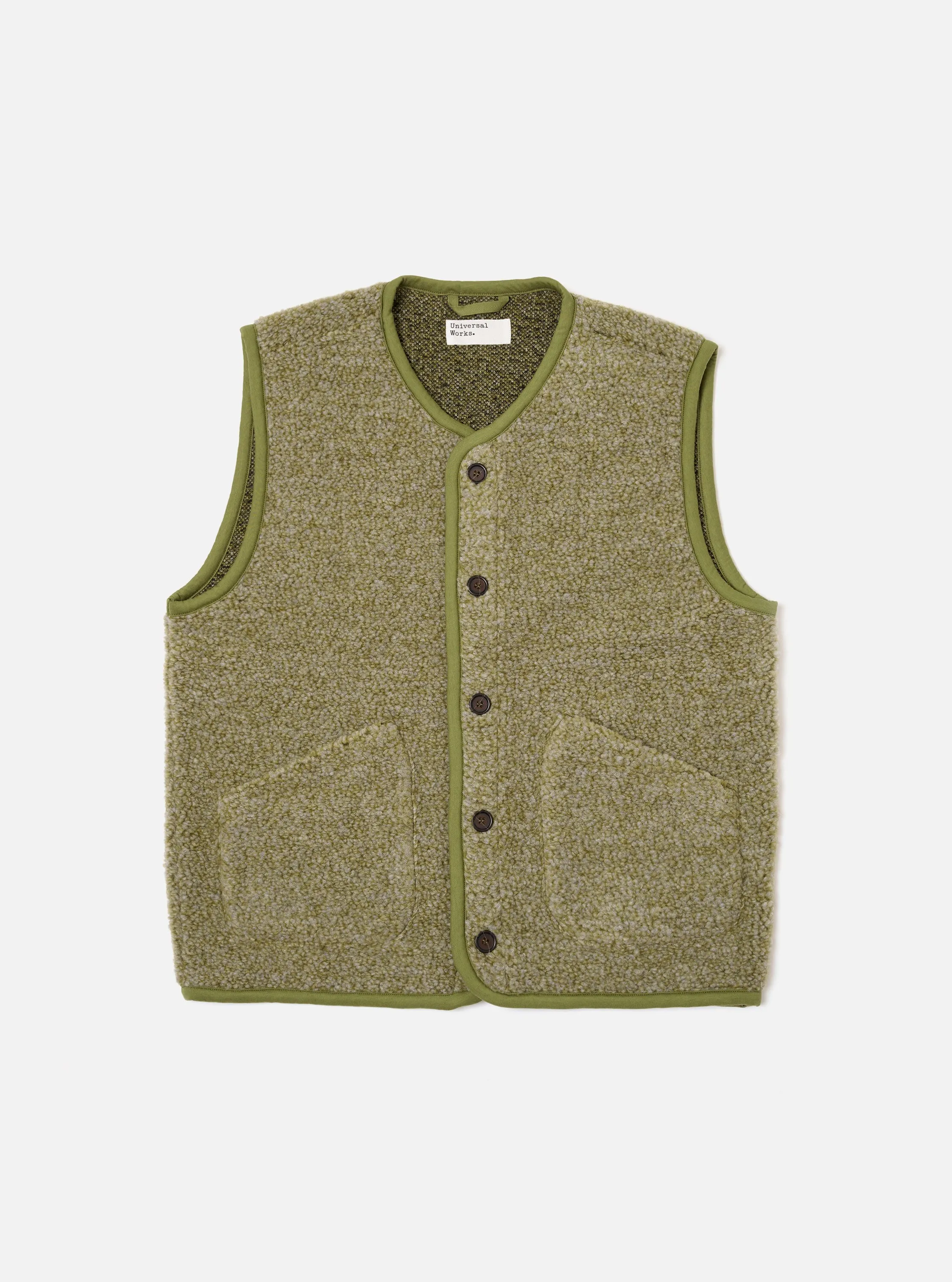 Light Olive Alvar Fleece Lancaster Gilet sold by Universal Works