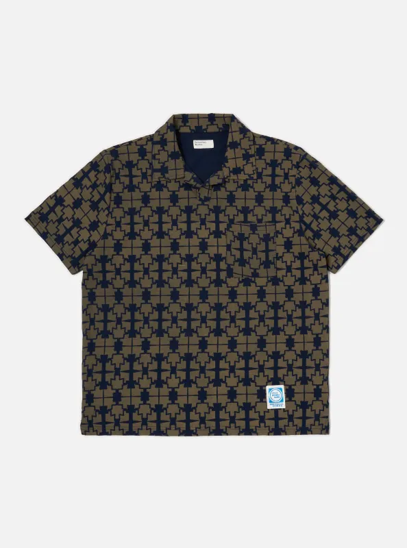 Navy/Mud Mitla Print Jersey Newlyn Polo made by Universal Works